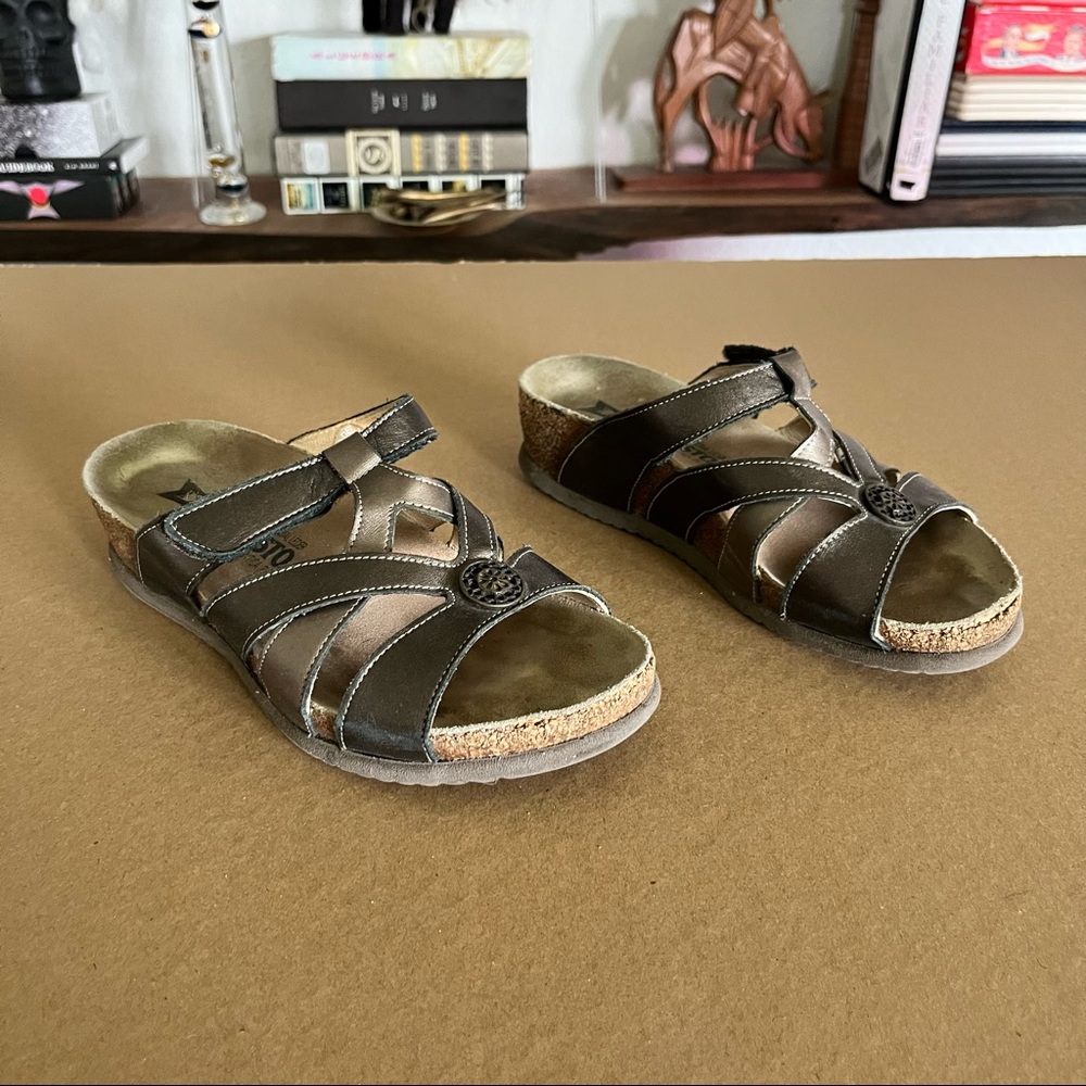 Mephisto Cork Wedge Metallic Slides Sandals